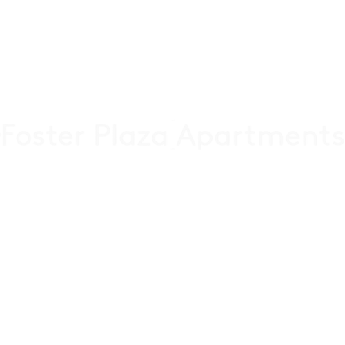 The image shows the text "Foster Plaza Apartments" in white on a black background.